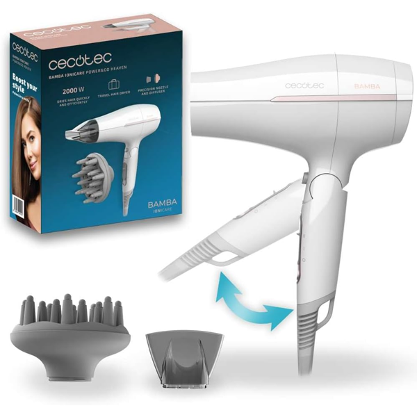 თმის საშრობი Cecotec 4415 Bamba IoniCare Power&Go Heaven, 2000W, Hair Dryer, White