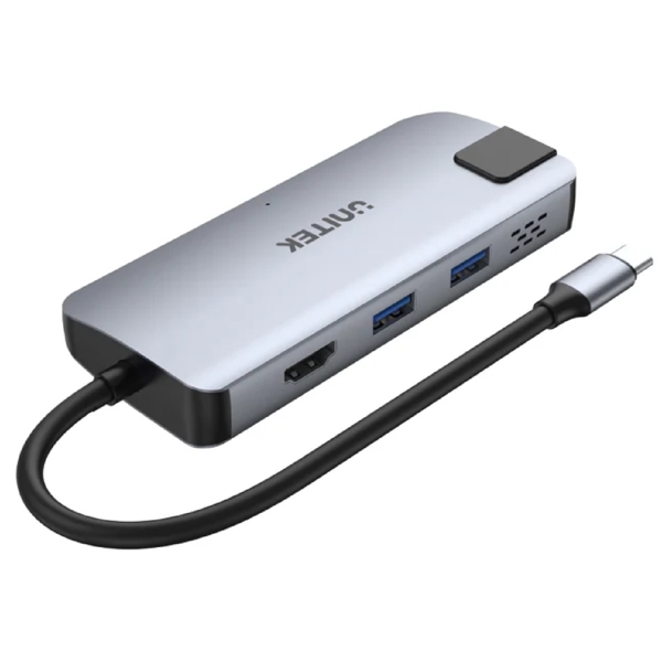 Unitek D1028A, USB-C, USB, HDMI, RJ45, Hub, Grey