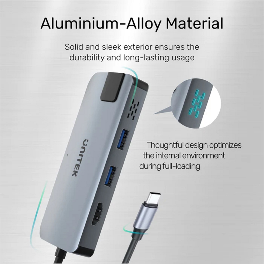 USB-C ჰაბი Unitek D1028A, USB-C, USB, HDMI, RJ45, Hub, Grey