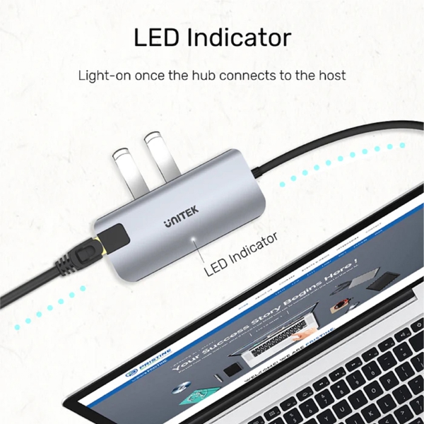 Unitek D1028A, USB-C, USB, HDMI, RJ45, Hub, Grey