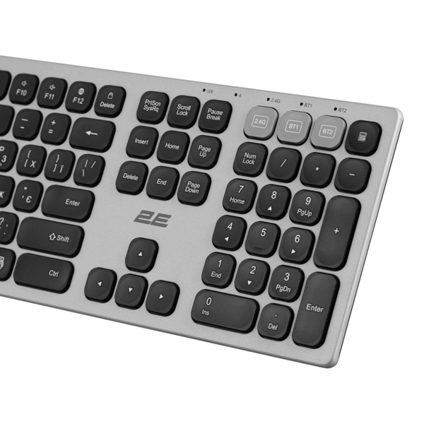 კლავიატურა 2E 2E-KS270WBGR Scissor, Wireless, USB, Bluetooth, Keyboard, Grey/Black