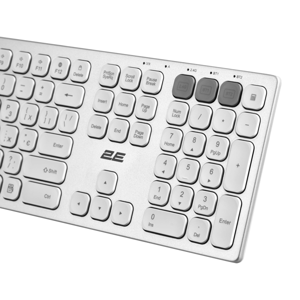 კლავიატურა 2E 2E-KS270WBWH Scissor, Wireless, USB, Bluetooth, Keyboard, White/Silver