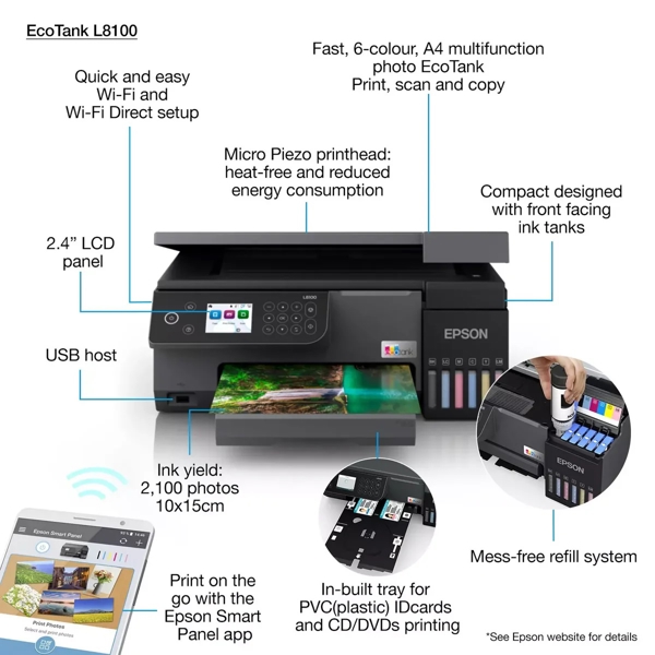 Printer Epson C11CK94401 EcoTank L8100, MFP, A4, Ethernet, Wifi, Black