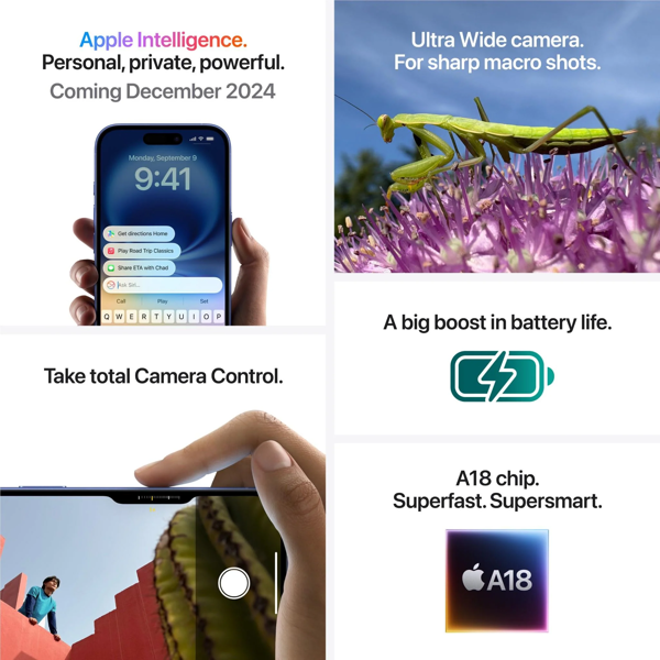 მობილური ტელეფონი Apple iPhone 16, 8GB, 256GB, SIM1 + ESIM, 5G, NFC, Ultramarine