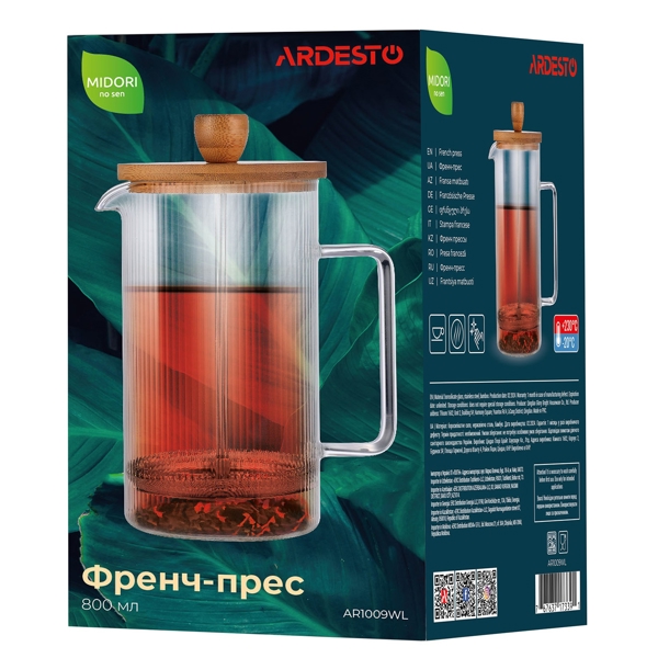 ჩაიდანი Ardesto AR1009WL Midori, 800ml, French Press, Transparent