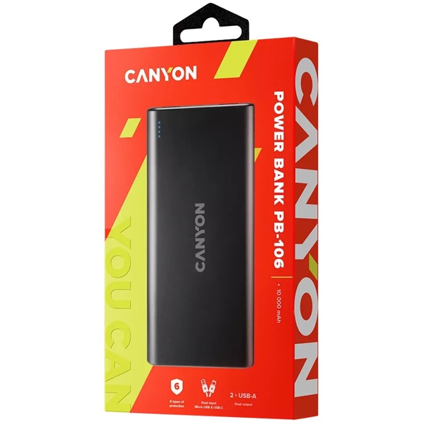პორტატული დამტენი Canyon CNE-CPB1006B PB-106, 10000mAh, Micro USB, USB type-C, Power Bank, Black