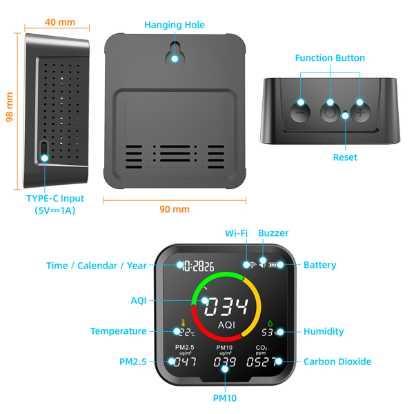 Air Quality Detector Moes WSS-FB-9AW-EN, Wi-Fi, Black