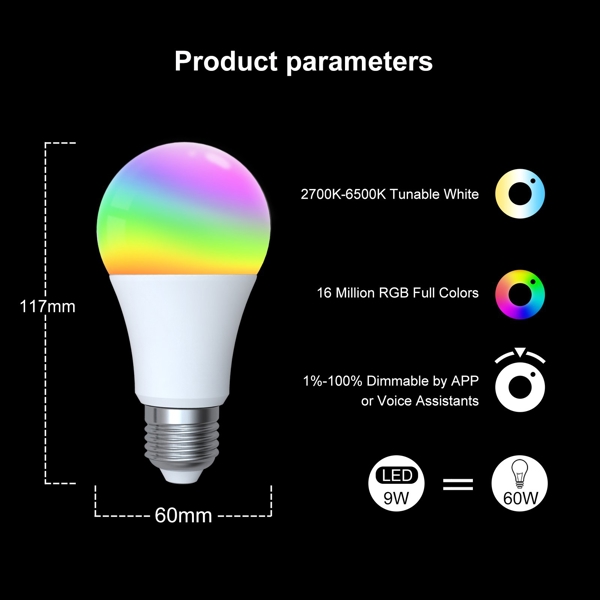 ჭკვიანი ნათურა Moes WB-TDA9-RWW-E27-MS E27, Smart Light Bulb, White