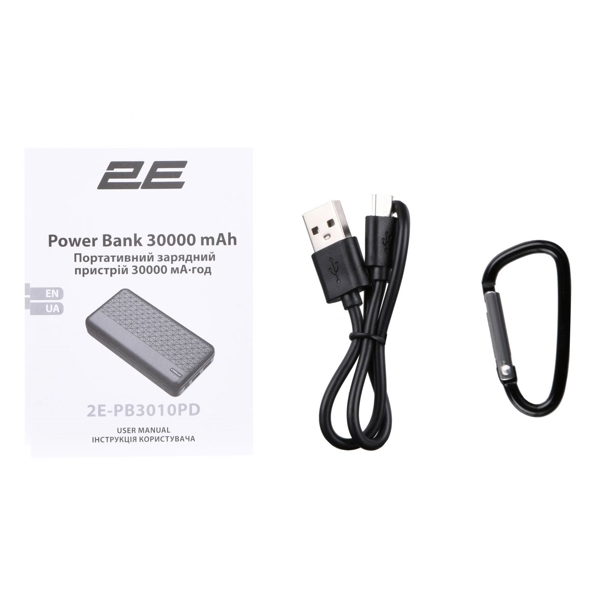 პორტატული დამტენი 2E 2E-PB3010PD-BLACK Geometry, 30000mAh, Micro USB, USB Type-C, USB, Power Bank, Black