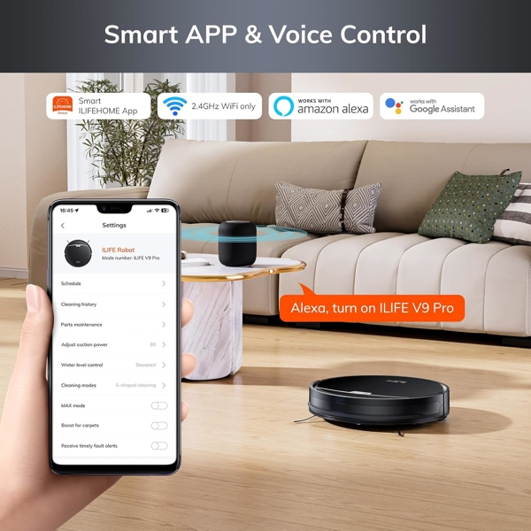 Self-Empty Robotic Vacuum Cleaner Ilife V9 Pro, 3000Pa, Gyroscope Navigation, With APP Control, Black