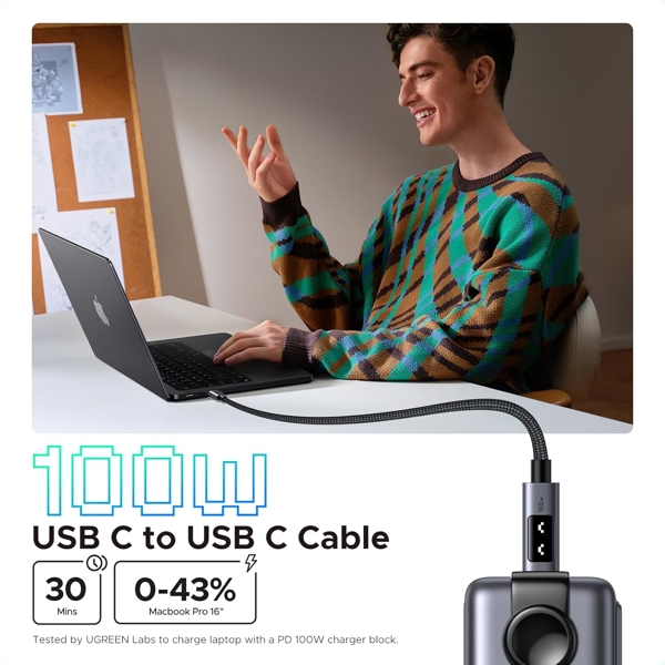 USB კაბელი UGREEN Uno L509 (35512), 100W, USB-C to USB-C, 2M, Black/Grey