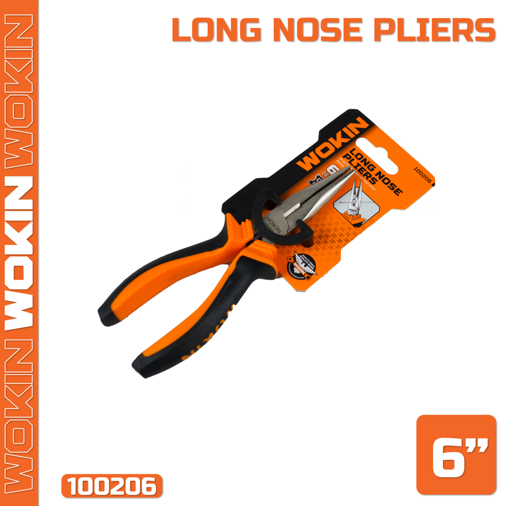 გრძელცხვირა რეზინის სახელურით Wokin 100206, 160MM, 6", Long Nose Pliers, Black/Orange