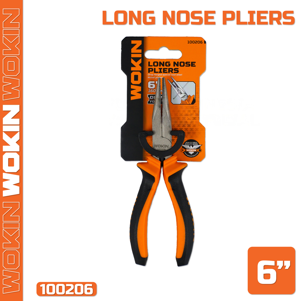 გრძელცხვირა რეზინის სახელურით Wokin 100206, 160MM, 6", Long Nose Pliers, Black/Orange