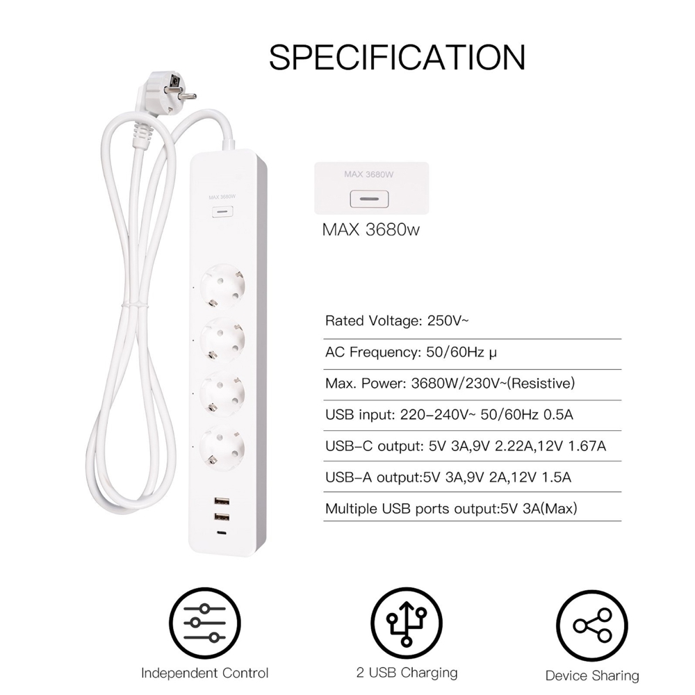 ჭკვიანი დენის გამანაწილებელი Moes WPS-X-EU16M-2U1C-EN, 4 Socket, USB, USB-C, WIFi, White