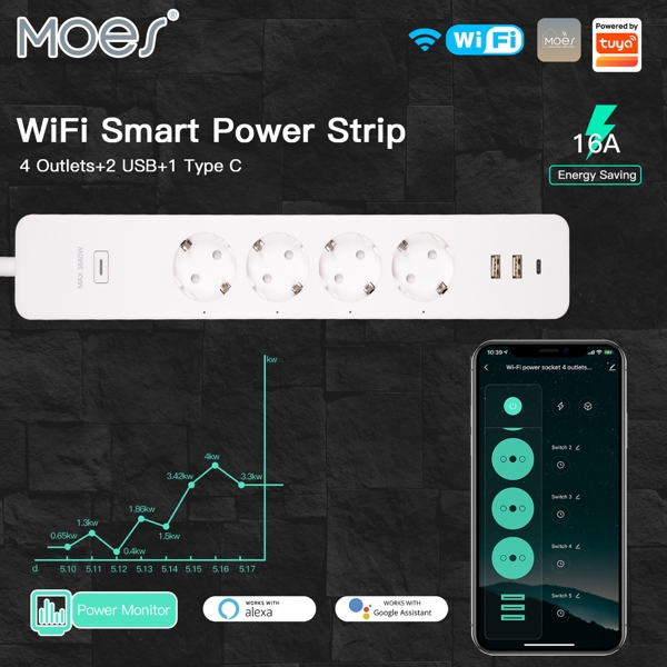 ჭკვიანი დენის გამანაწილებელი Moes WPS-X-EU16M-2U1C-EN, 4 Socket, USB, USB-C, WIFi, White