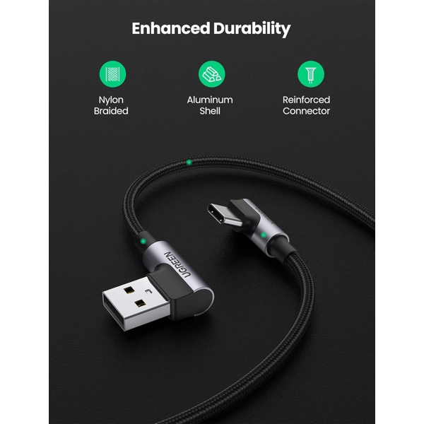 Fast Charging Cable UGREEN US176 (20855), 18W, USB-A to USB-C 90 Degree, 0.5m, Space Gray