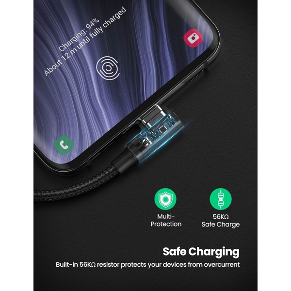 Fast Charging Cable UGREEN US176 (20855), 18W, USB-A to USB-C 90 Degree, 0.5m, Space Gray