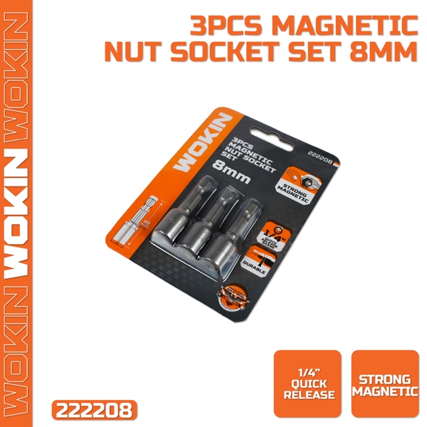 Magnetic Nut Socket Set, Wokin 222208, 8mm, 3Pcs, Silver