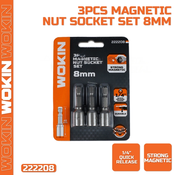 Magnetic Nut Socket Set, Wokin 222208, 8mm, 3Pcs, Silver