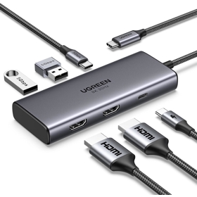 USB-C ჰაბი UGREEN CM498 (15852) Revodok 206, 2 x HDMI, USB, Type-C, HUB, Grey