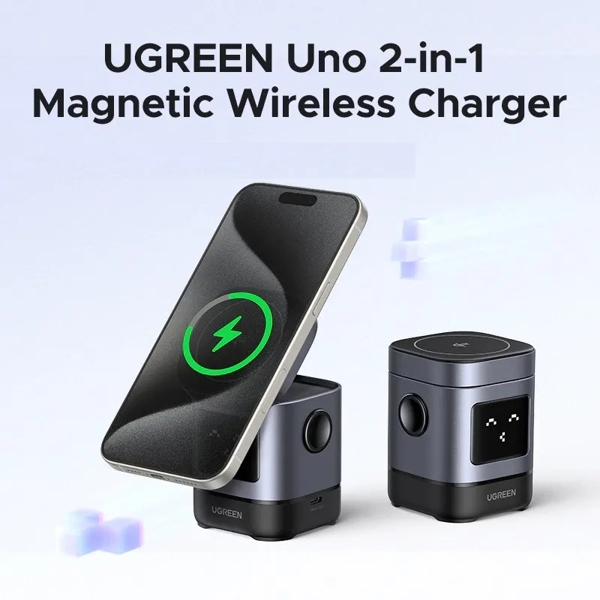 2-in-1 Magnetic Wireless Charger UGREEN W709 (45775) Qi2, 15W, Black/Grey