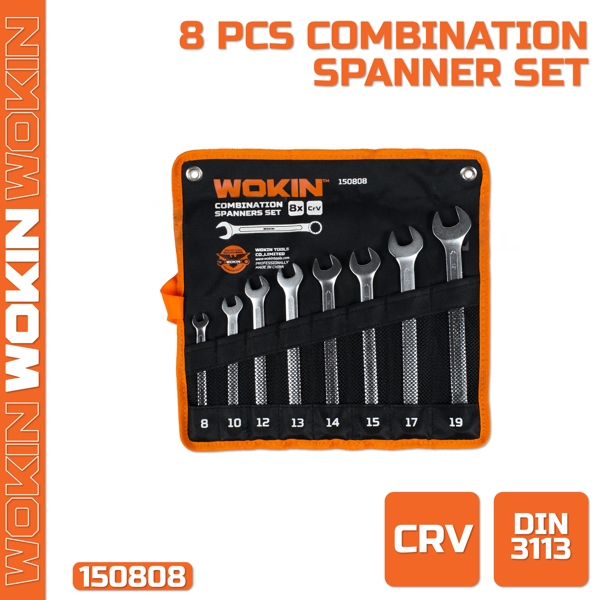 Combination Spanner Set Wokin 150808, 8Pcs, (INDUSTRIAL), Silver/Black