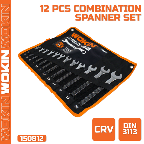 Combination Spanner Set Wokin 150812, 12Pcs, (INDUSTRIAL), Silver/Black