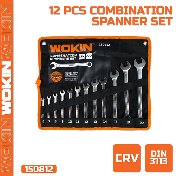 Combination Spanner Set Wokin 150812, 12Pcs, (INDUSTRIAL), Silver/Black