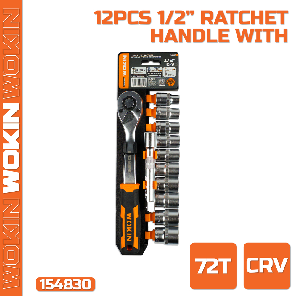 Drive Ratchet Handle With Sockets Set Wokin 154830, 1/2″, 12Pcs, (INDUSTRIAL), Silver