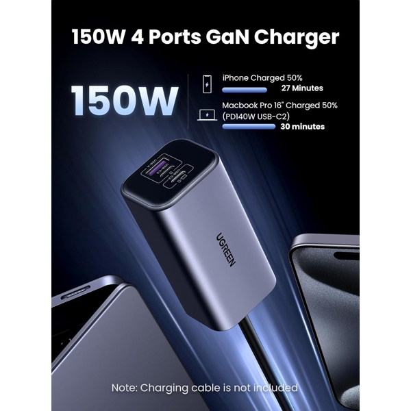 Car Charger UGREEN EC706 (35571), 150W, USB-C, USB, Grey