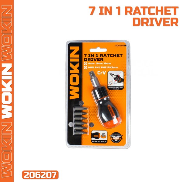 სახრახნისი სათადარიგო პირებით Wokin 206207, 7 in 1 Ratchet Driver, Black