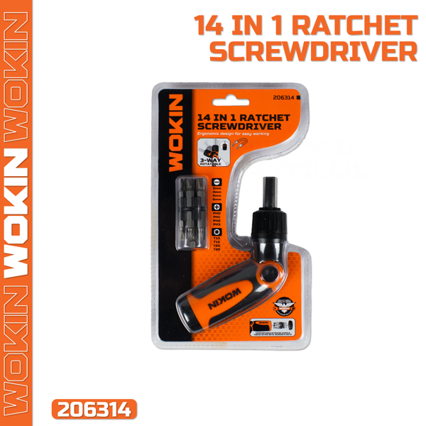 სახრახნისი სათადარიგო პირებით Wokin 206314, 14 in 1 Ratchet Screwdriver, Black