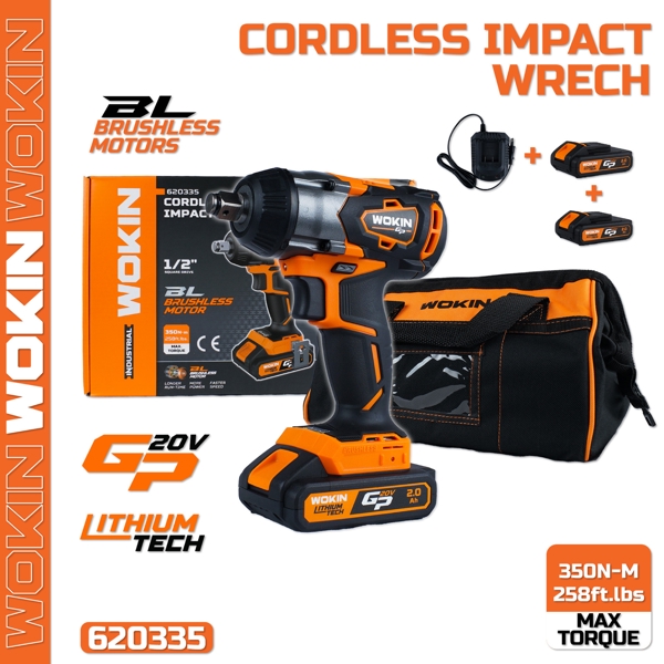 LI-ION Cordless Impact Wrench Wokin 620335, 20V, 2.0Ah, 20V, 350NM, (Industrial), Black/Orange