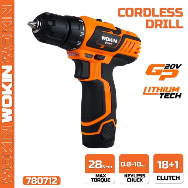 ელექტრო სახრახნისი Wokin 780712, 1400Rpm, Li-ion Cordless Drill, Black/Orange