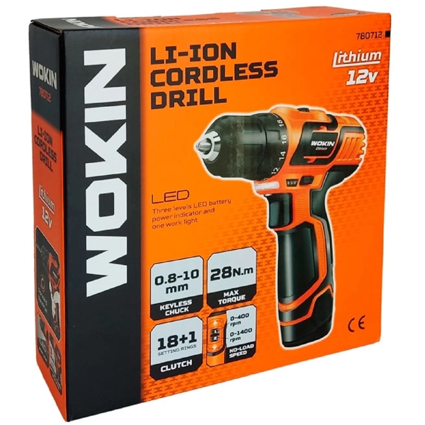 ელექტრო სახრახნისი Wokin 780712, 1400Rpm, Li-ion Cordless Drill, Black/Orange