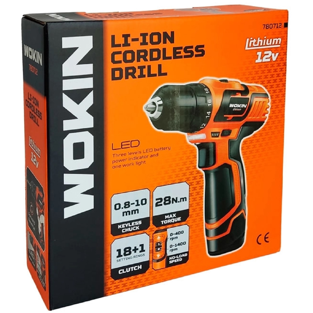 ელექტრო სახრახნისი Wokin 780712, 12V, 1400Rpm, Li-ion Cordless Drill, Black/Orange