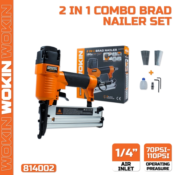 პნევმატური სტეპლერი Wokin 814002, 2 IN 1 Combo Brad Nailer Set (INDUSRIAL), Orange