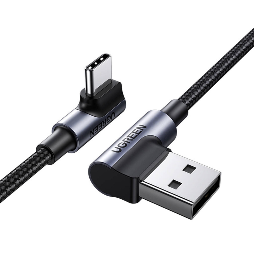 USB კაბელი UGREEN US176 (20857), 18W, USB-A to Type-C 90 Degree Cable, 2m, Space Gray