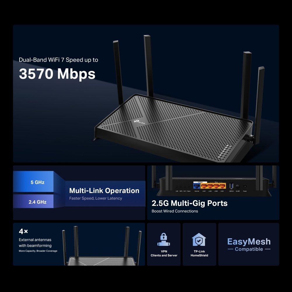 როუტერი TP-Link ARCHER BE230 BE3600, 2882Mbps, Dual-Band WiFi 7 Router, Black