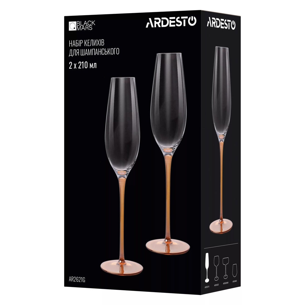 ჭიქების ნაკრები Ardesto AR2621G Black Mars Amber, 0.21l, 2pcs, Champagne Glasses Set, Transparent/Golden