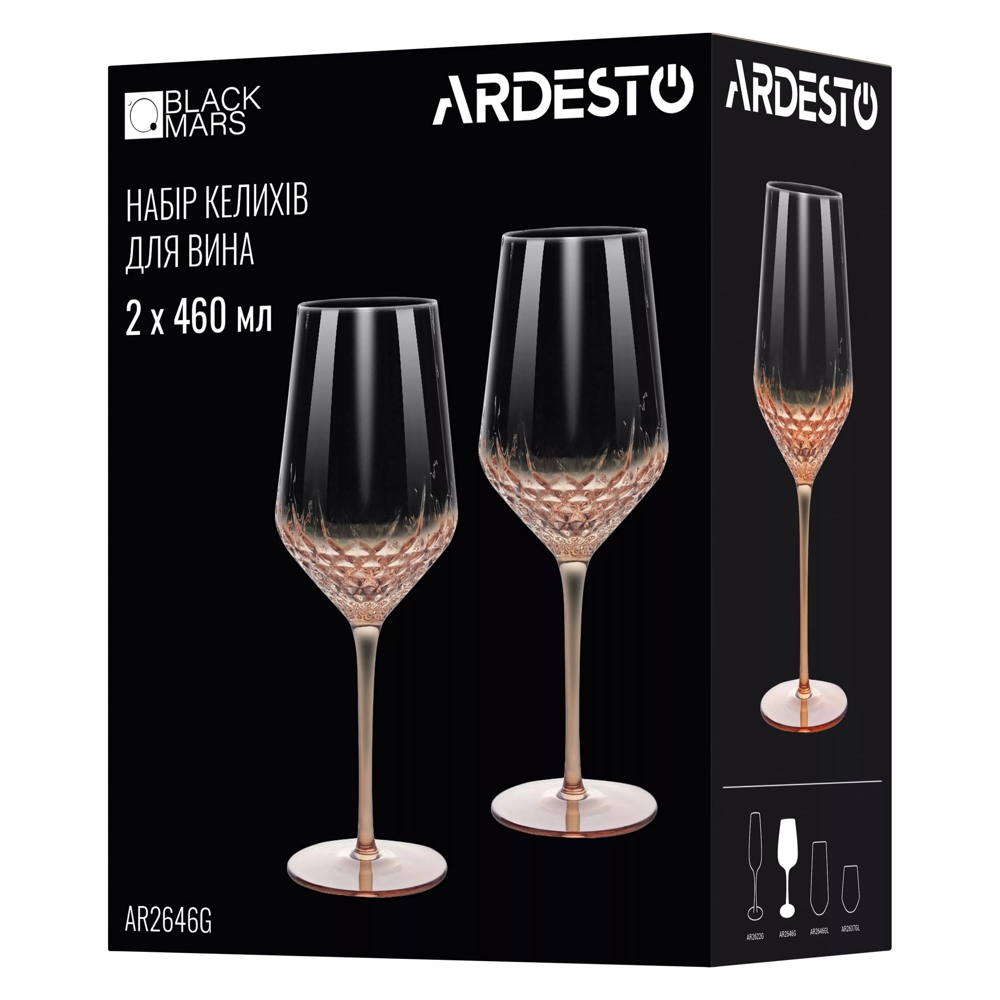 ჭიქების ნაკრები Ardesto AR2646G Black Mars Favola, 0.46l, 2pcs, Wine Glasses Set, Transparent/Golden