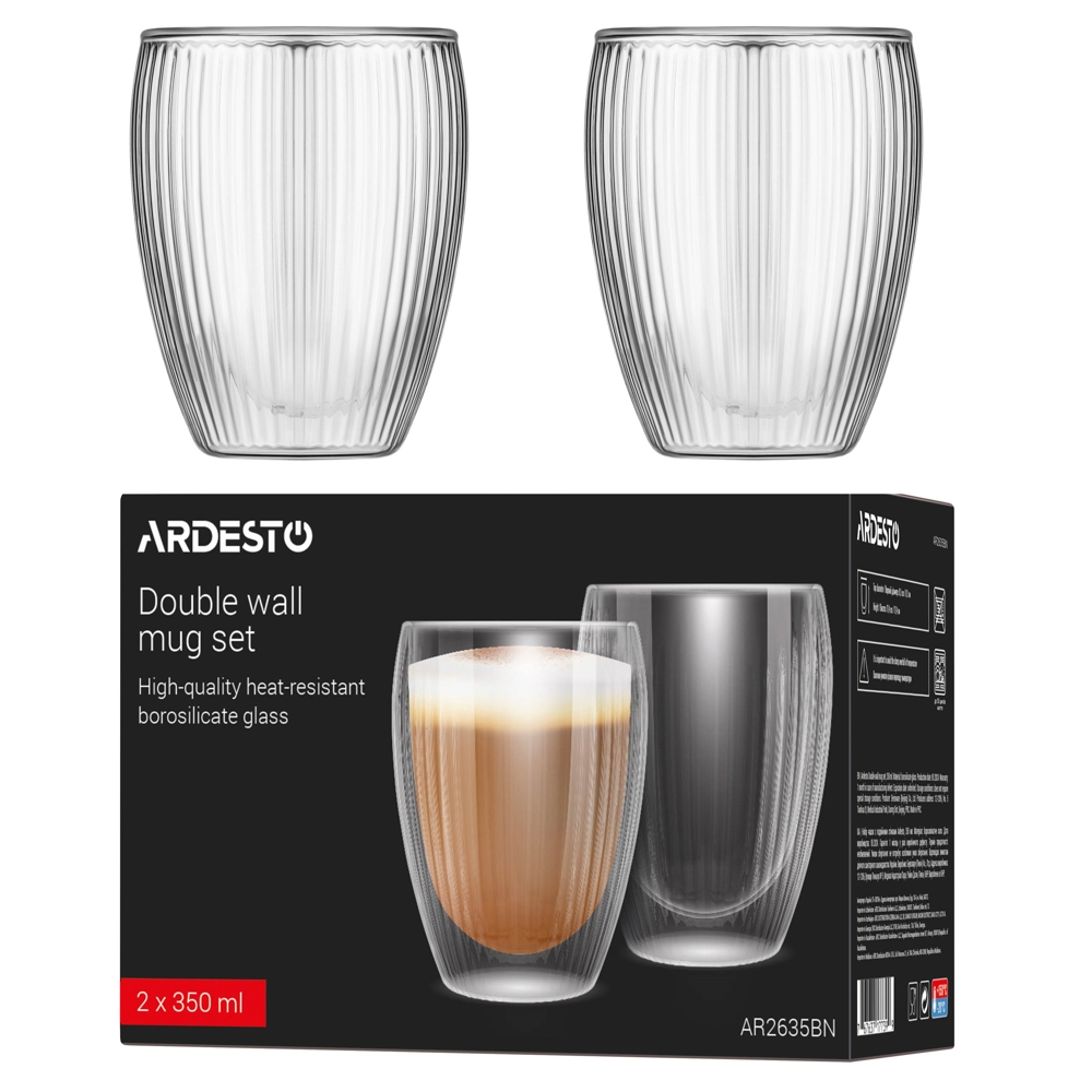 ჭიქების ნაკრები Ardesto AR2635BN, 0.35l, 2pcs, Double Wall Mug Set, Transparent