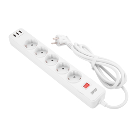 დენის გამანაწილებელი 2Е 2E-SP515M2USBWH, 5 Socket, 3xUSB-A, 2m, Power Strip With Surge Protector, White