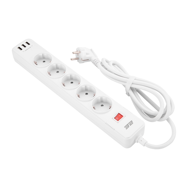 დენის გამანაწილებელი 2Е 2E-SP515M2USBWH, 5 Socket, 3xUSB-A, 2m, Power Strip With Surge Protector, White