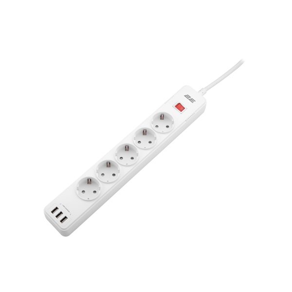 დენის გამანაწილებელი 2Е 2E-SP515M2USBWH, 5 Socket, 3xUSB-A, 2m, Power Strip With Surge Protector, White