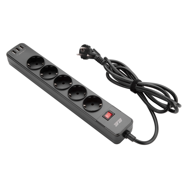 დენის გამანაწილებელი 2Е 2E-SP515M2USBBK, 5 Socket, 3xUSB-A, 2m, Power Strip With Surge Protector, Black