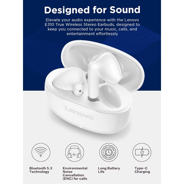 ყურსასმენი Lenovo GXD1Q65145 E310, Earbuds, Wireless, Bluetooth, White