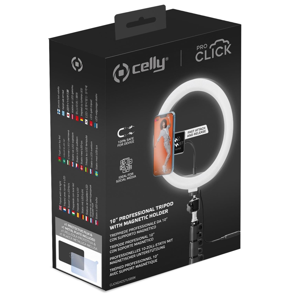 Professional Tripod with Magnetical Holder, Celly 8021735197775 Click Pro, Black