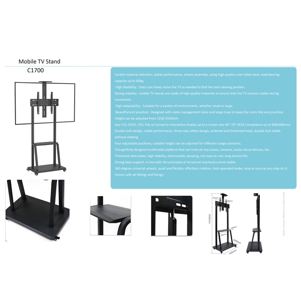 ტელევიზორის საკიდი Allscreen C1700, 40"-70", TV Mount With Roller, Black