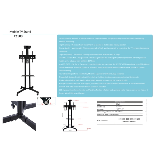 ტელევიზორის საკიდი Allscreen C1500, 32"-65", TV Mount With Roller, Black